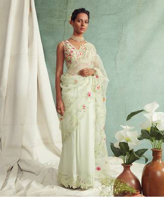 Mint Green Saree With V Neck Embroidered Blouse 2