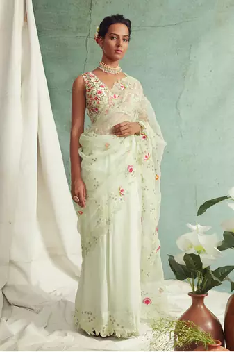 Mint Green Saree With V Neck Embroidered Blouse