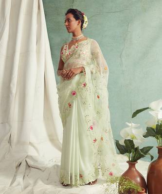 Mint Green Saree With V Neck Embroidered Blouse 3