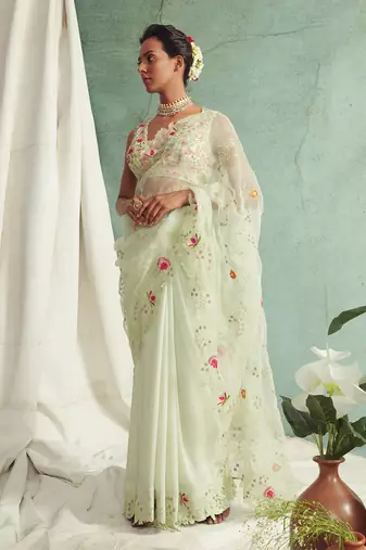 Mint Green Saree With V Neck Embroidered Blouse