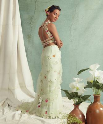 Mint Green Saree With V Neck Embroidered Blouse 4