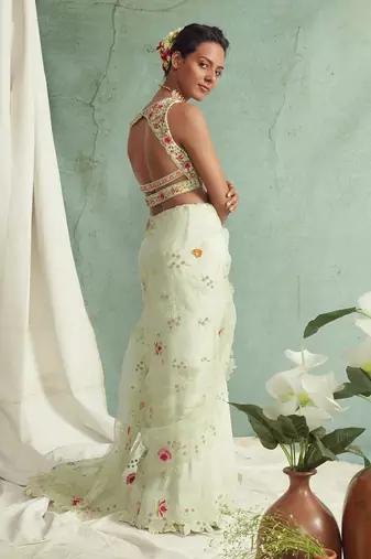 Mint Green Saree With V Neck Embroidered Blouse