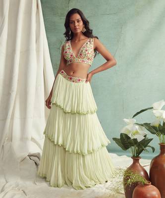 Mint Green Frilled Lehenga Blouse And Cape 1