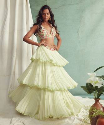 Mint Green Frilled Lehenga Blouse And Cape 2
