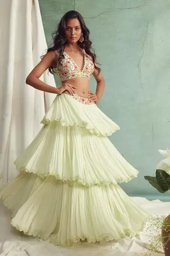 Mint Green Frilled Lehenga Blouse And Cape