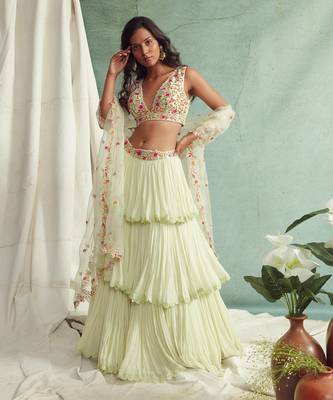 Mint Green Frilled Lehenga Blouse And Cape 3