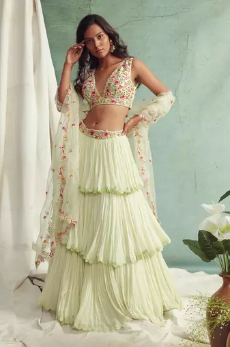 Mint Green Frilled Lehenga Blouse And Cape