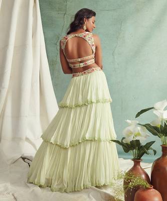 Mint Green Frilled Lehenga Blouse And Cape 4
