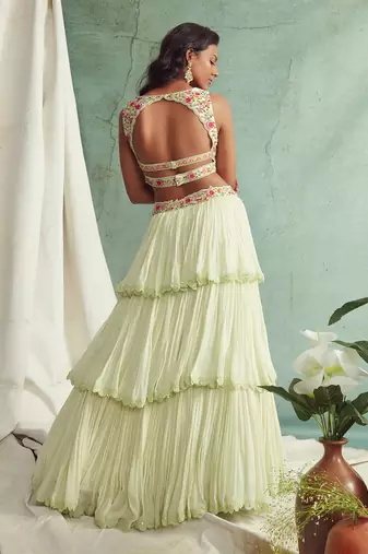 Mint Green Frilled Lehenga Blouse And Cape