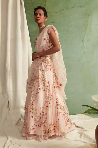 Organza Lehenga With Bustier And Dupatta And A Belt To Style