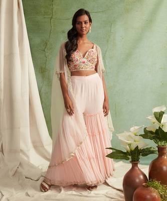 Pink Embroidered Bustier With 3 Tier Sharara And Cape 1