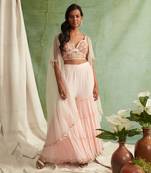 Pink Embroidered Bustier With 3 Tier Sharara And Cape