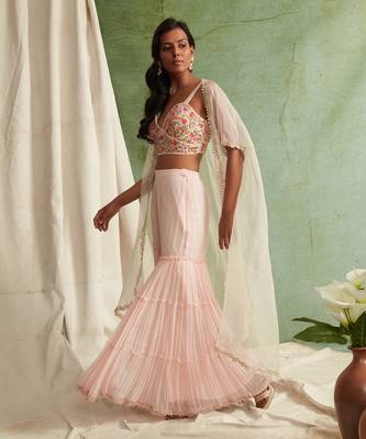 Pink Embroidered Bustier With 3 Tier Sharara And Cape 2