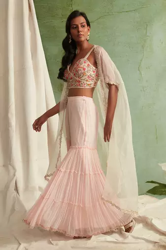 Pink Embroidered Bustier With 3 Tier Sharara And Cape