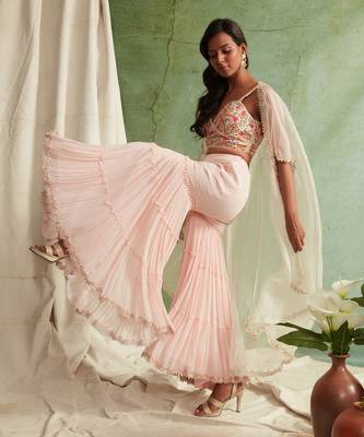 Pink Embroidered Bustier With 3 Tier Sharara And Cape 3
