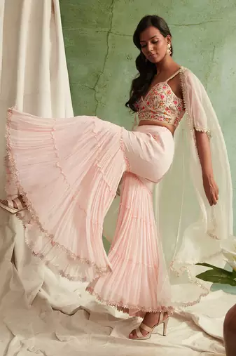 Pink Embroidered Bustier With 3 Tier Sharara And Cape