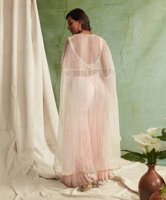 Pink Embroidered Bustier With 3 Tier Sharara And Cape 4
