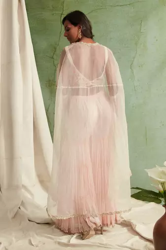 Pink Embroidered Bustier With 3 Tier Sharara And Cape
