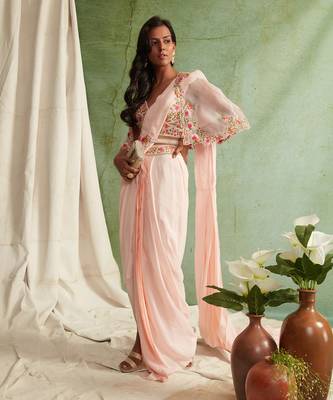 Pre-Draped Saree With Embroidered Blouse, Cape And Belt  2