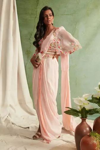Pre-Draped Saree With Embroidered Blouse, Cape And Belt 