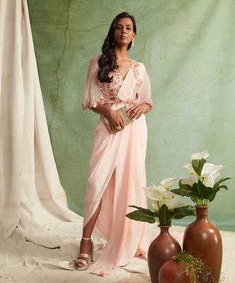 Pre-Draped Saree With Embroidered Blouse, Cape And Belt  1