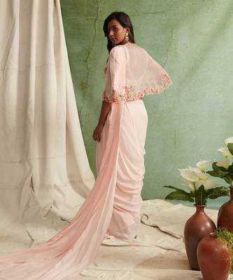 Pre-Draped Saree With Embroidered Blouse, Cape And Belt  3
