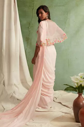 Pre-Draped Saree With Embroidered Blouse, Cape And Belt 