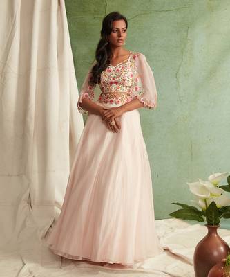 Blush Pink Skirt With Blouse And Short Cape 1
