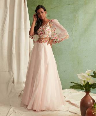 Blush Pink Skirt With Blouse And Short Cape 2
