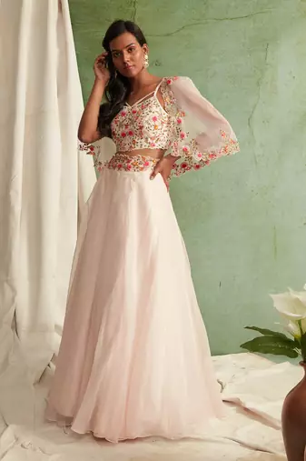 Blush Pink Skirt With Blouse And Short Cape