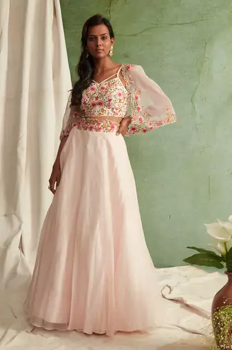 Blush Pink Skirt With Blouse And Short Cape