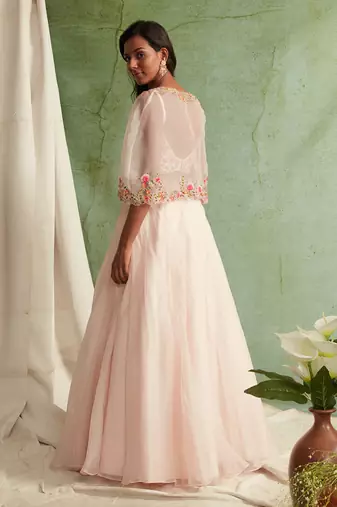 Blush Pink Skirt With Blouse And Short Cape
