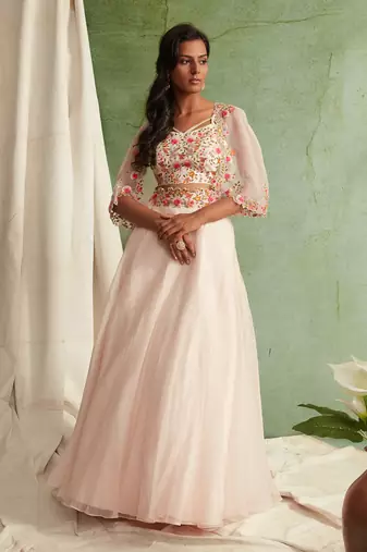 Blush Pink Skirt With Blouse And Short Cape