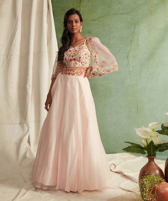 Blush Pink Skirt With Blouse And Short Cape 7
