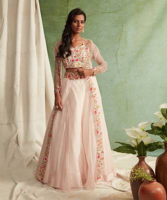 Pink Lehenga With Blouse And Long Cape 1