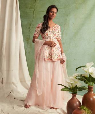 Pink Embroidered Peplum With Sharara And Dupatta 1
