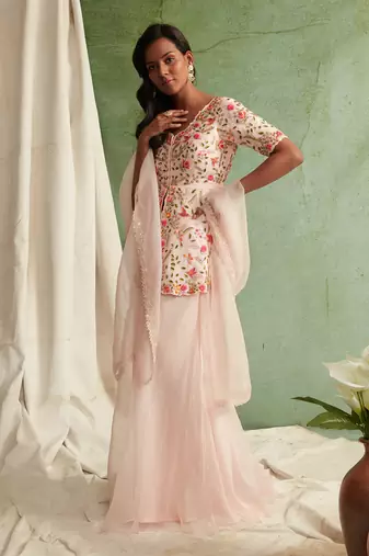 Pink Embroidered Peplum With Sharara And Dupatta