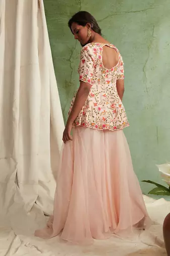 Pink Embroidered Peplum With Sharara And Dupatta