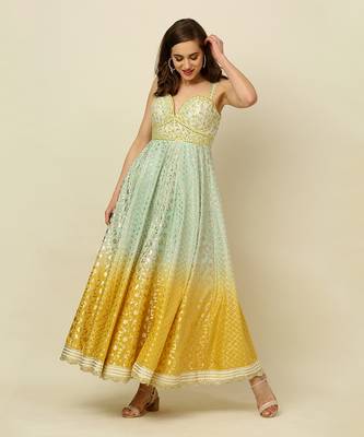 Green Yellow Ivory Ombre Anarkali Churidaar And Dupatta 2