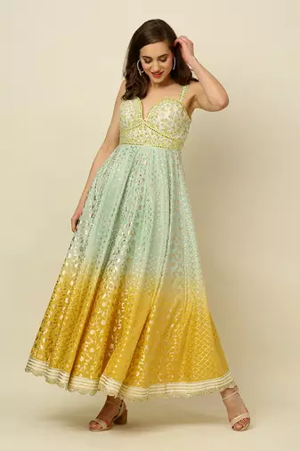 Green Yellow Ivory Ombre Anarkali Churidaar And Dupatta