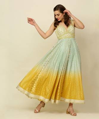 Green Yellow Ivory Ombre Anarkali Churidaar And Dupatta 3