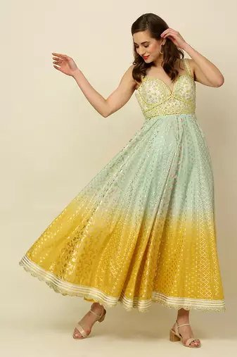 Green Yellow Ivory Ombre Anarkali Churidaar And Dupatta