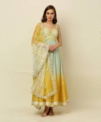 Green Yellow Ivory Ombre Anarkali Churidaar And Dupatta 1