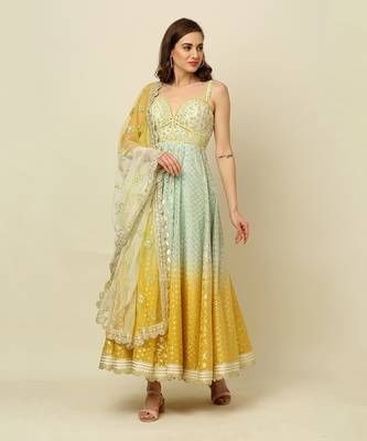 Green Yellow Ivory Ombre Anarkali Churidaar And Dupatta 4
