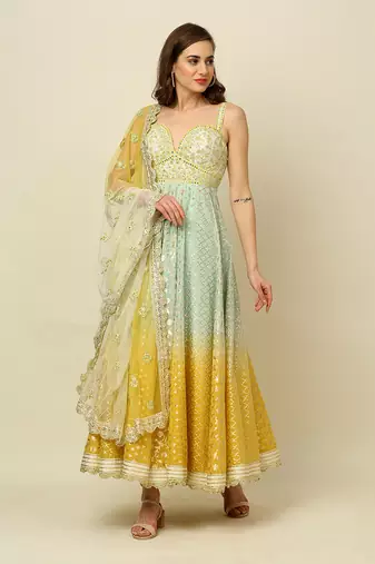 Green Yellow Ivory Ombre Anarkali Churidaar And Dupatta