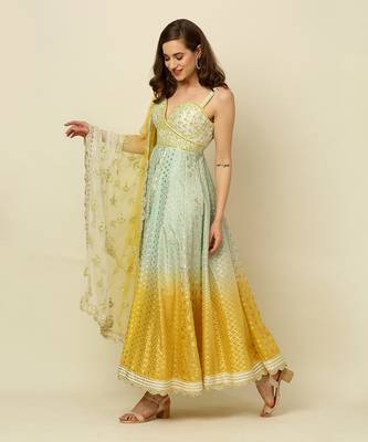Green Yellow Ivory Ombre Anarkali Churidaar And Dupatta 5