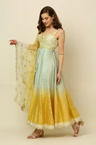 Green Yellow Ivory Ombre Anarkali Churidaar And Dupatta