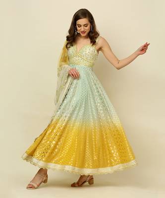 Green Yellow Ivory Ombre Anarkali Churidaar And Dupatta 6