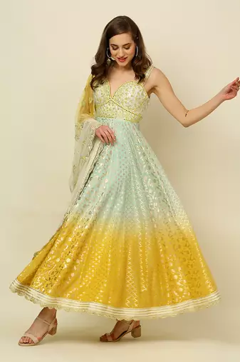 Green Yellow Ivory Ombre Anarkali Churidaar And Dupatta