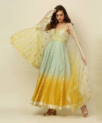 Green Yellow Ivory Ombre Anarkali Churidaar And Dupatta 7